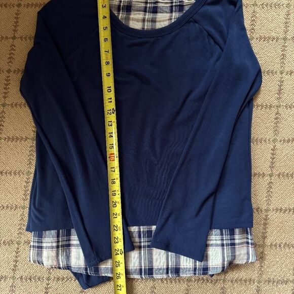Self navy Blue long sleeved split back T-shirt with linen plaid underlay M - Picture 3 of 9